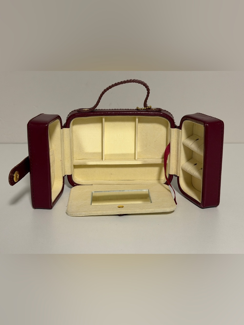 Wolf Designs Genuine Leather Mini Travel Jewelry Box Case Handle Dark Red